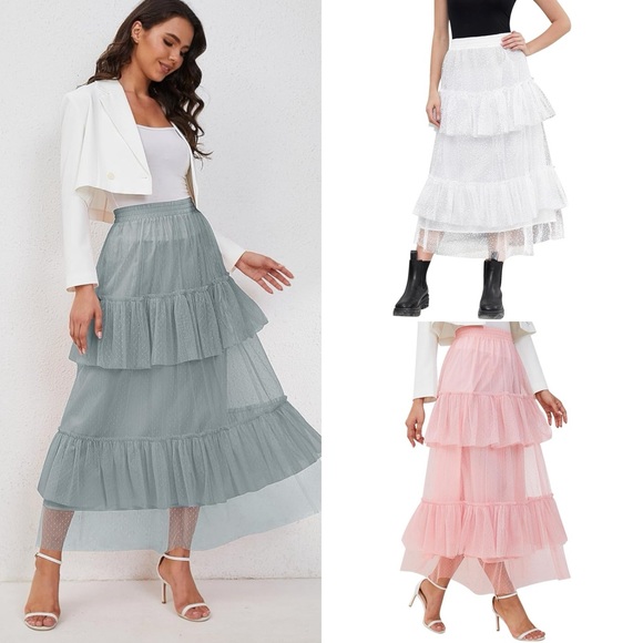Tulle Skirts for Women - High Waisted A-line Tulle Skirt with Layered Ruffles XL - Picture 3 of 17
